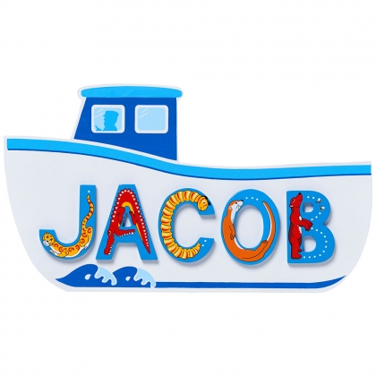 White fishing boat name plaque