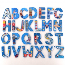 Wooden alphabet letter set - 26 blue adventure letters in a bag