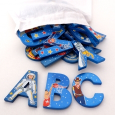 Wooden alphabet letter set - 26 blue adventure letters in a bag