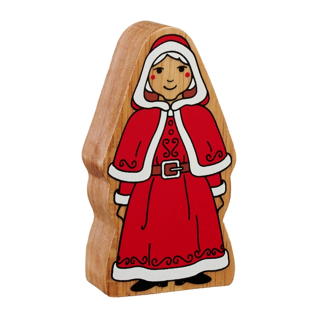 A chunky wooden Mrs Claus toy figure in profile with a natural wood edge