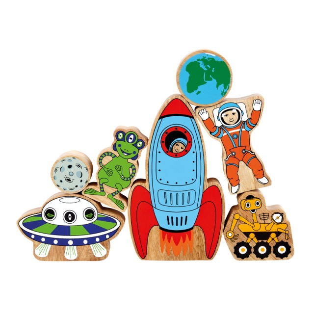 A line up of assorted wooden toy space themed characters in profile