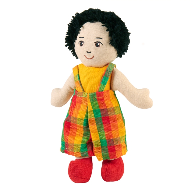 Soft toy boy rag doll with white skin, black hair wearing multicoloured dungarees
