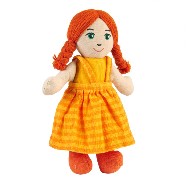 Soft toy girl rag doll with white skin, red hair wearing multicoloured dress