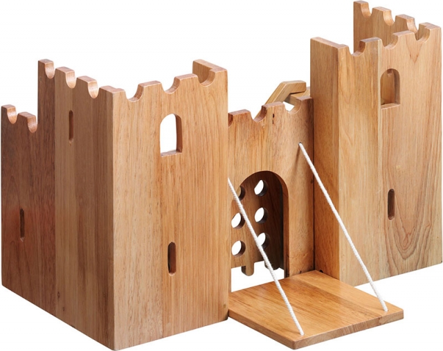 Natural wood castle playscene with lowered drawbridge