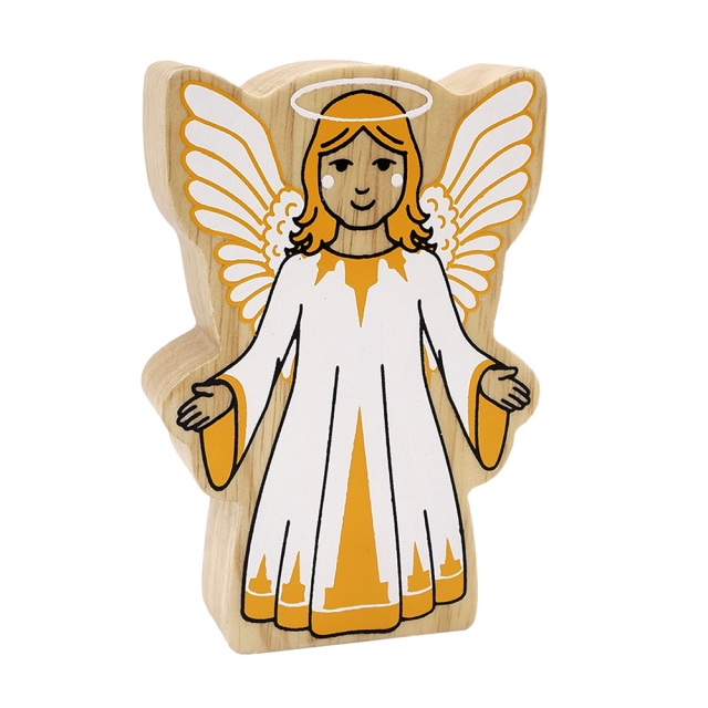 A wooden toy angel in white dress with halo