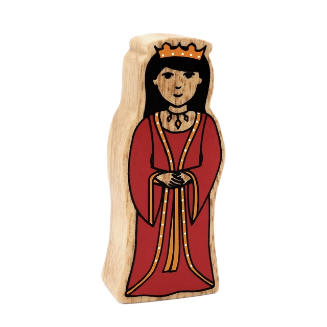 A wooden toy Queen wearing a crown and long red dress.