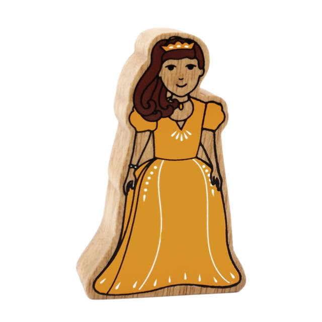 A wooden toy Princess wearing a crown and long yellow dress.