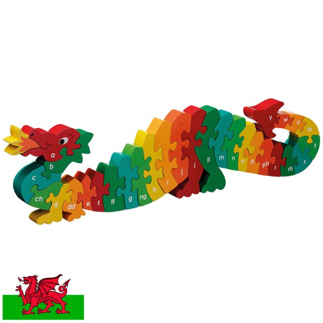 Twenty six piece chunky wooden multicoloured dragon welsh alpahbet jigsaw puzzle in profile