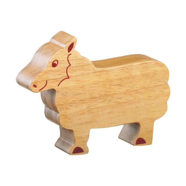 A chunky wooden sheep toy figure in profile, plain with wood grain