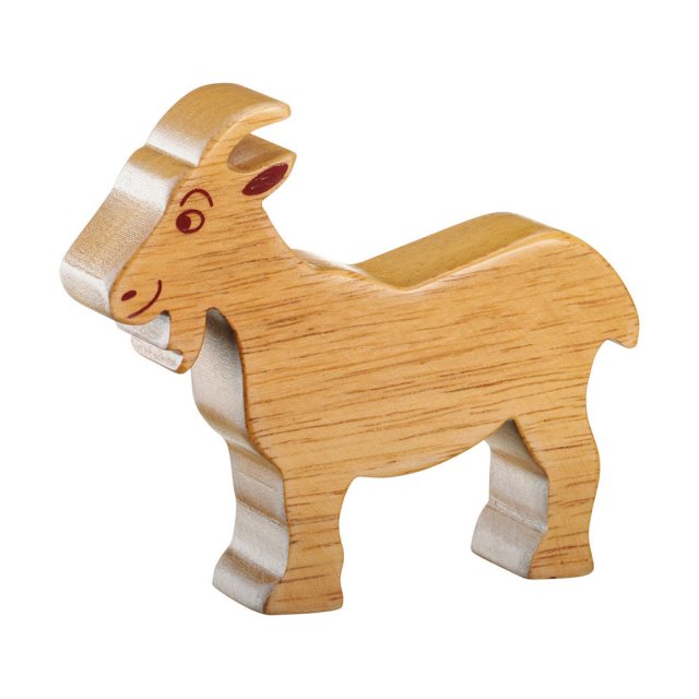 A chunky wooden goat toy figure in profile, plain with wood grain