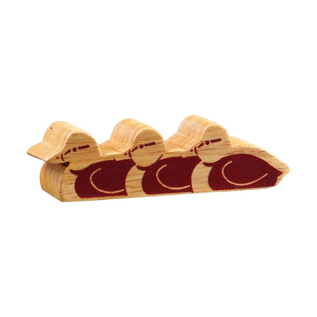 Chunky wooden ducklings, a toy figure in profile, plain with wood grain