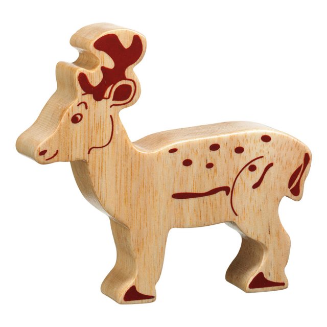 A chunky wooden deer toy figure in profile, plain with wood grain