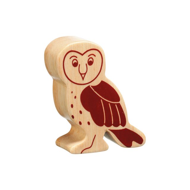 A chunky wooden owl toy figure in profile, plain with wood grain