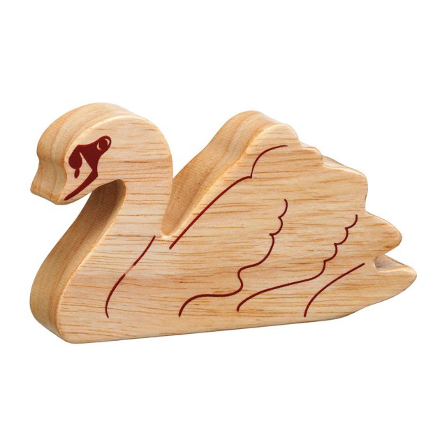 A chunky wooden swan toy figure in profile, plain with wood grain