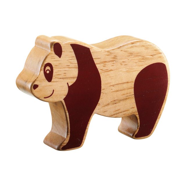 A chunky wooden panda toy figure in profile, plain with wood grain