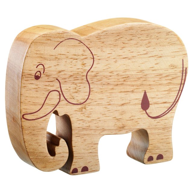 A chunky wooden elephant toy figure in profile, plain with wood grain