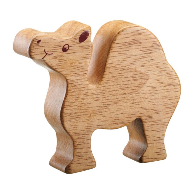 A chunky wooden camel toy figure in profile, plain with wood grain
