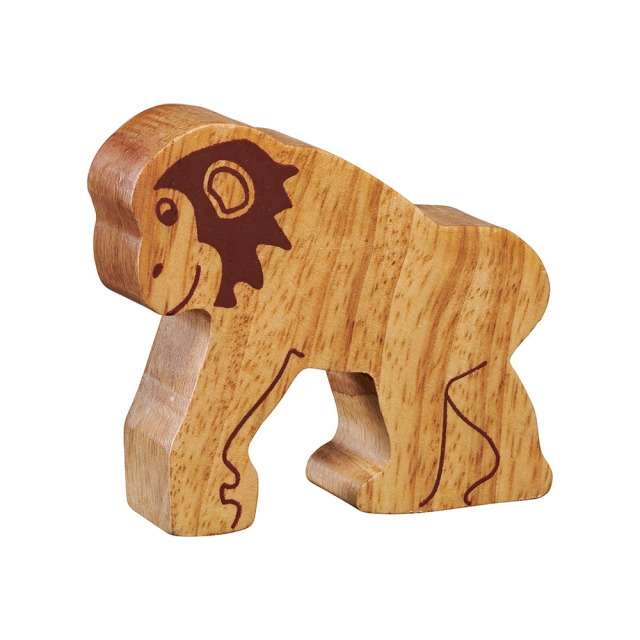 A chunky wooden chimpanzee toy figure in profile, plain with wood grain