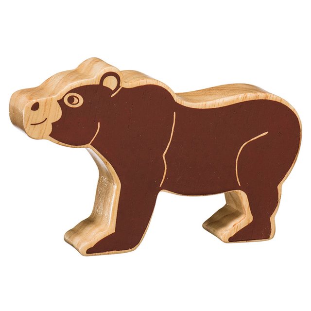 A chunky wooden brown bear toy figure in profile, plain brown with wood grain