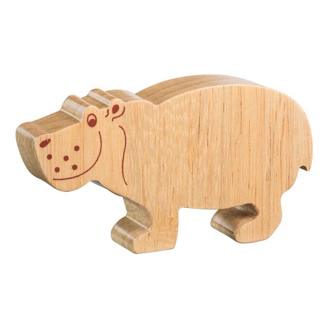A chunky wooden hippo toy figure in profile, plain showing wood grain