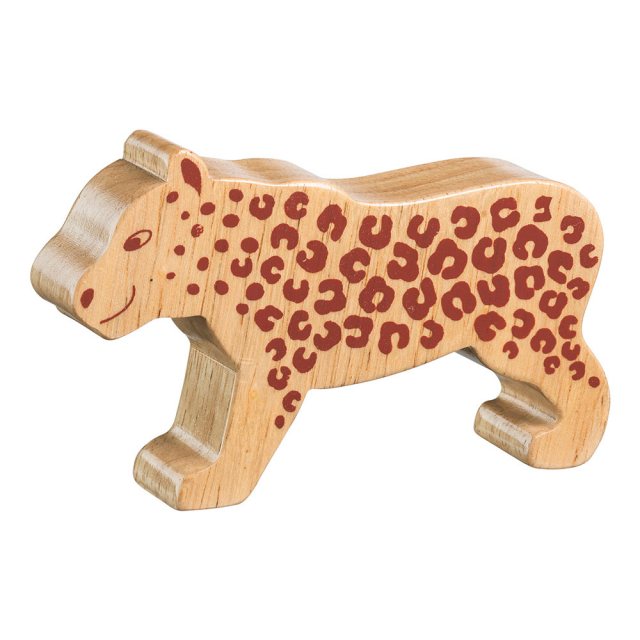 A chunky wooden spotty leopard toy figure in profile, plain showing wood grain