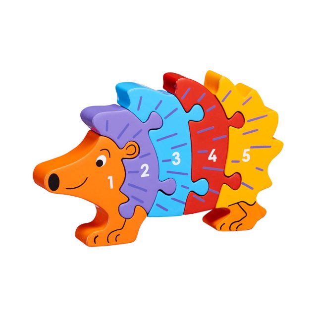 Five piece wooden toy hedgehog jigsaw puzzle with numbers