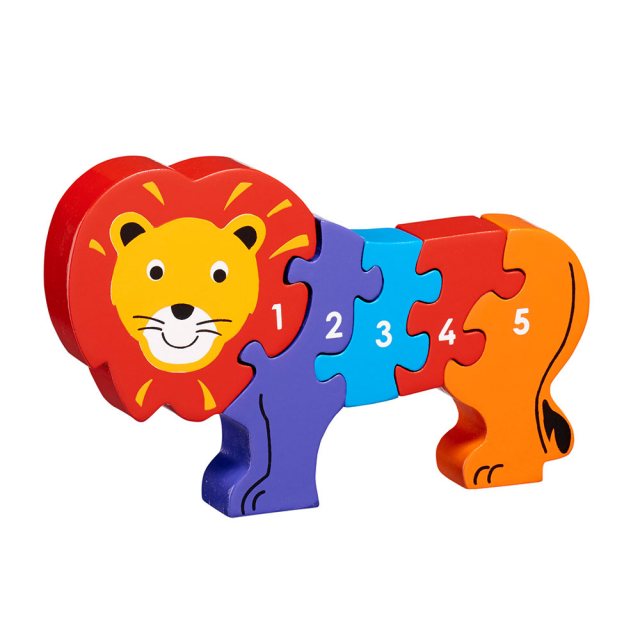 Five piece wooden toy lion jigsaw puzzle with numbers