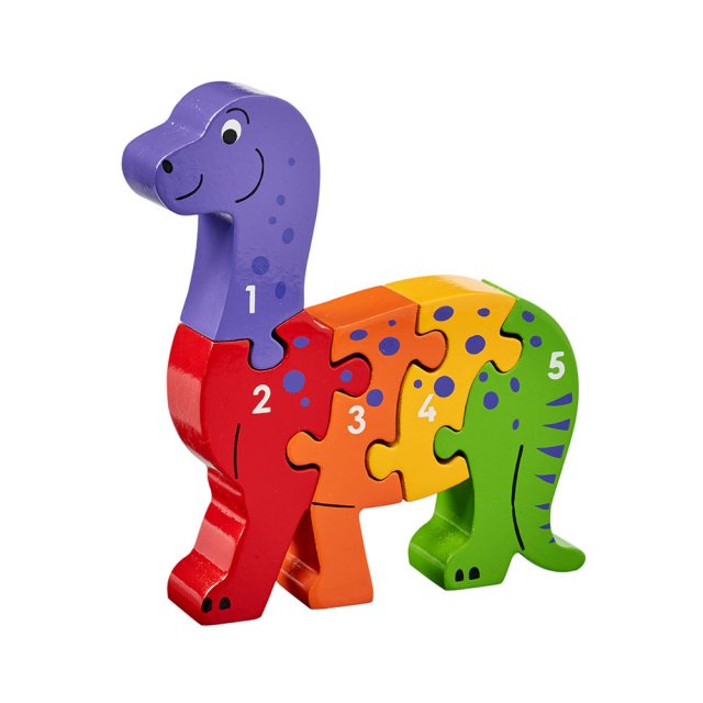 Five piece wooden toy dinosaur jigsaw puzzle with numbers