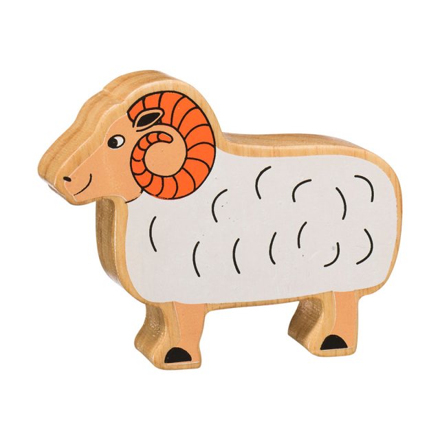 A chunky wooden white ram toy figure in profile with a natural wood edge