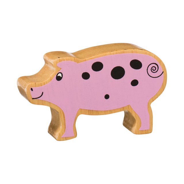 A chunky wooden pink piglet toy figure in profile with a natural wood edge