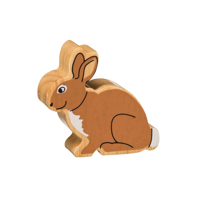 A chunky wooden brown rabbit toy figure in profile with a natural wood edge