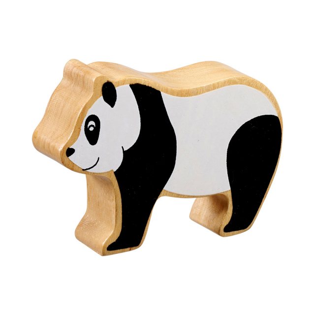 A chunky wooden black/white panda toy figure in profile with a natural wood edge