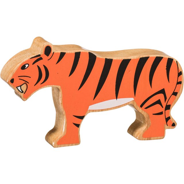 A chunky wooden painted orange stripey tiger toy figure in profile with a natural wood edge