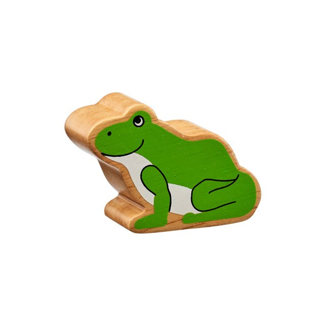 A chunky wooden painted green frog toy figure in profile with a natural wood edge