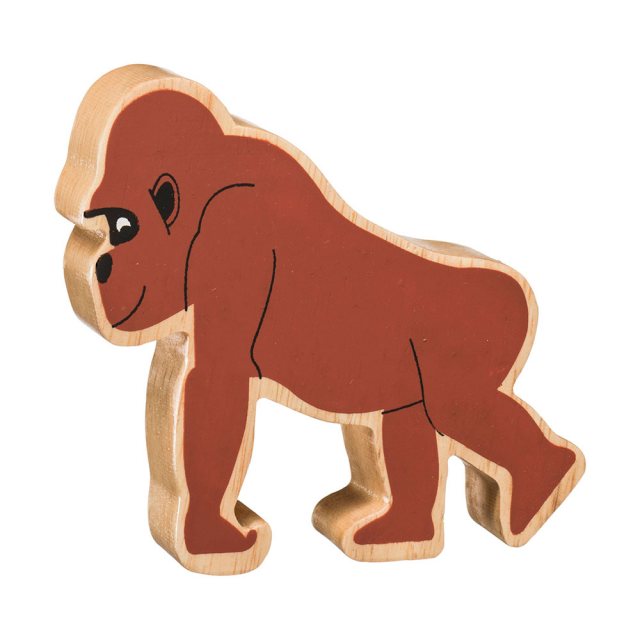A chunky wooden painted brown gorilla toy figure in profile with a natural wood edge