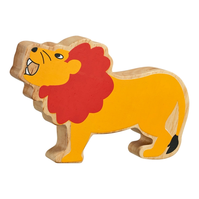 A chunky wooden painted yellow lion toy figure in profile with a natural wood edge
