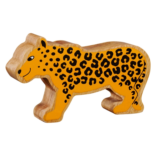 A chunky wooden painted yellow spotty leopard toy figure in profile with a natural wood edge