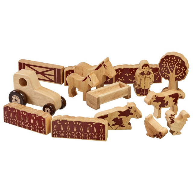 Set of 15 natural wood farm animals, people, troughs, hedges, gates and tractor