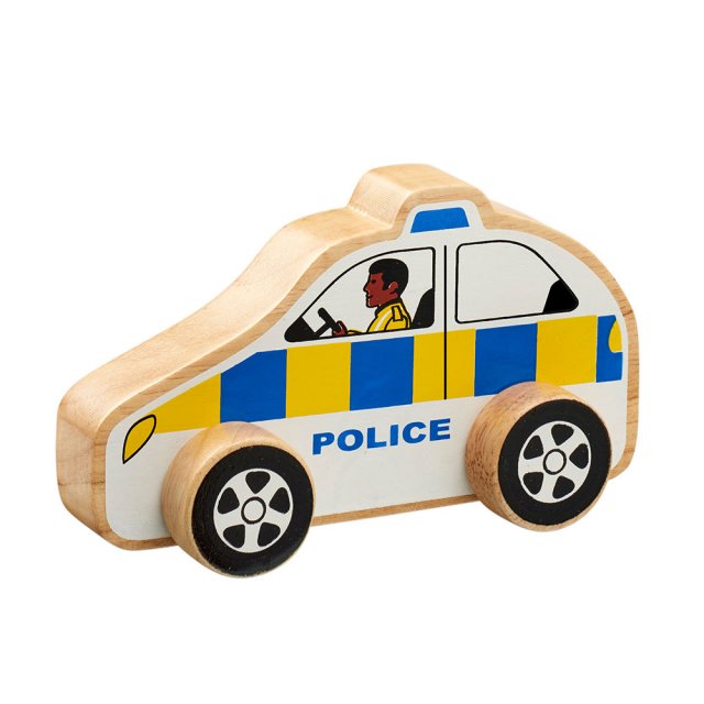 Chunky, wooden white police toy car with painted police officer and natural wood edge