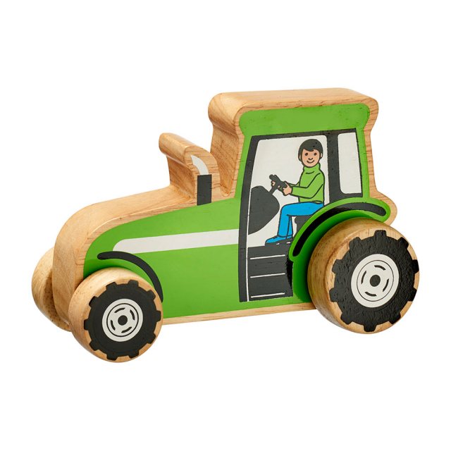 Chunky, wooden green farm tractor toy car with painted farmer driver and natural wood edge