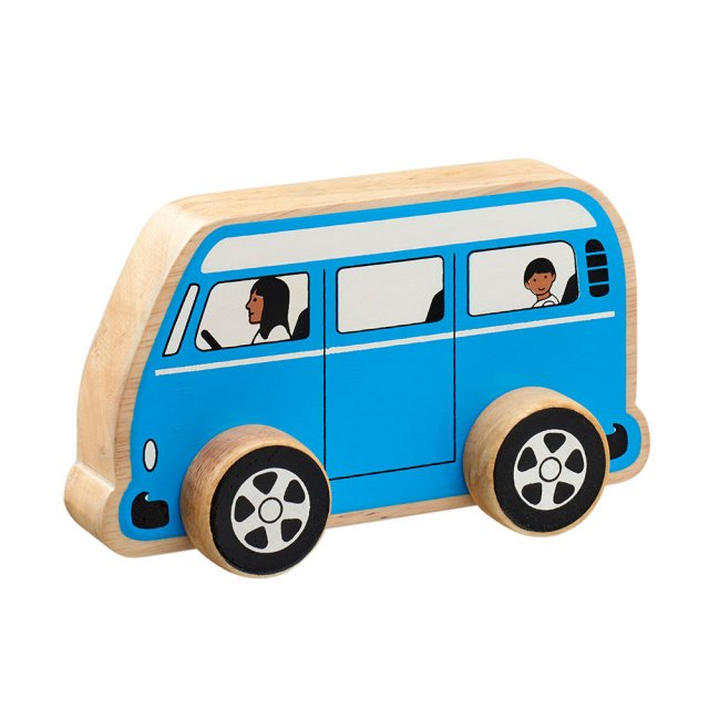 Chunky, wooden blue camper van toy car with painted driver and passengers and natural wood edge
