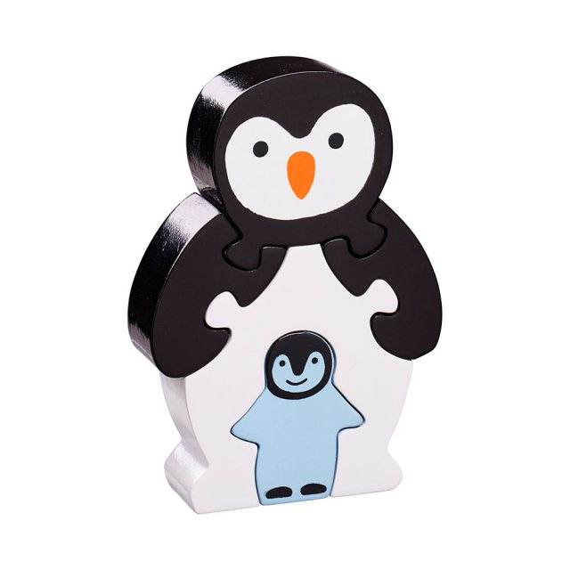 Five piece black/white chunky wooden jigsaw of a penguin and chick which stands once complete