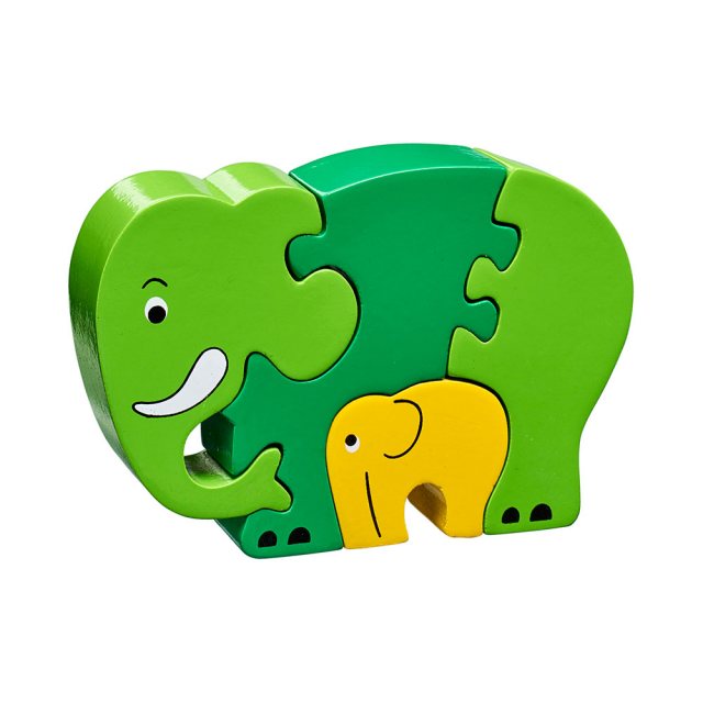 Four piece green/yellow chunky wooden jigsaw of an elephant and calf which stands once complete