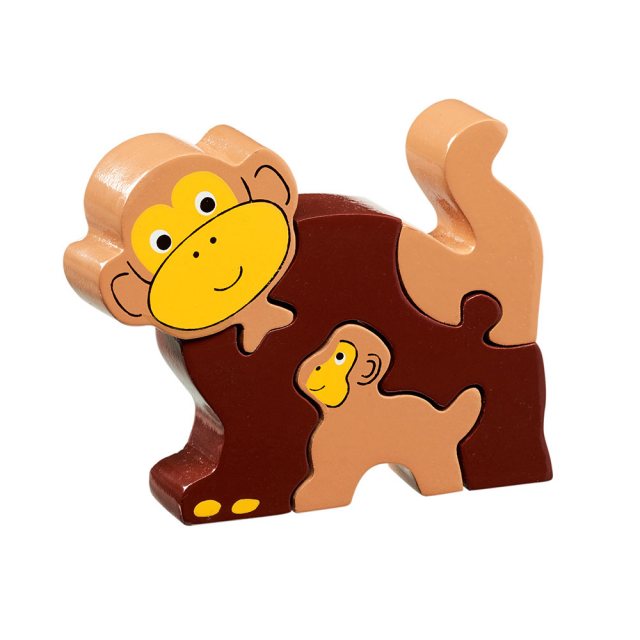 Four piece brown chunky wooden jigsaw of a Monkey and infant chimp which stands once complete