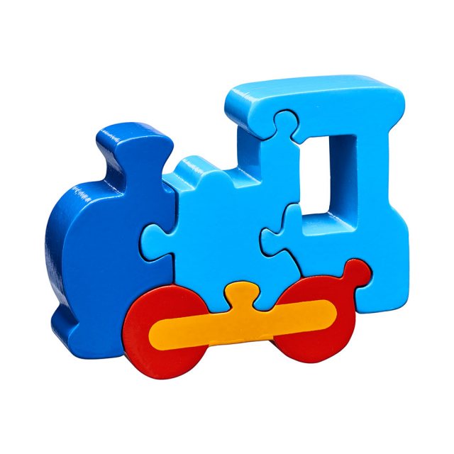 Four piece blue chunky wooden jigsaw in fun train design which stands once complete