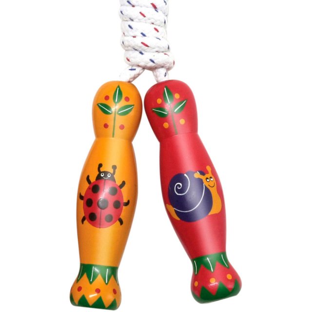 traditional skipping rope with one yellow handle, one red handle with ladybird and snail designs