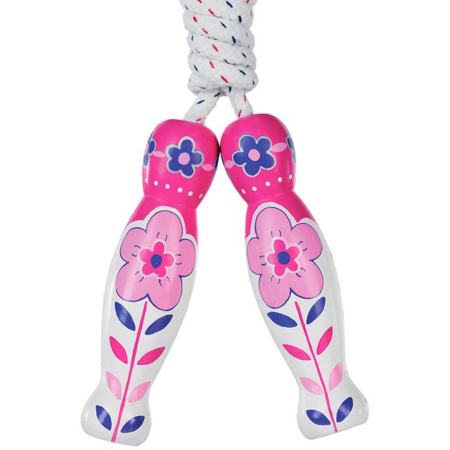 traditional skipping rope with pink and purple flower design on two white wooden handles
