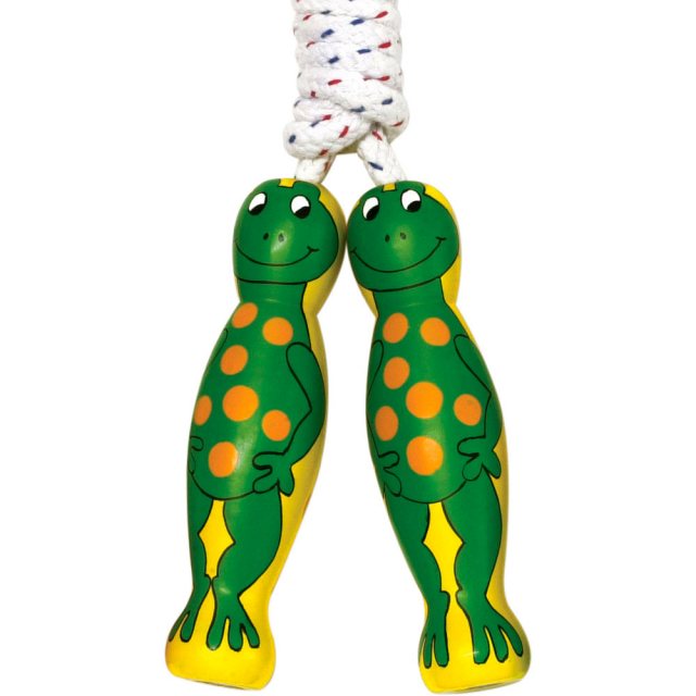 traditional skipping rope with green spotty frog design on two yellow wooden handles