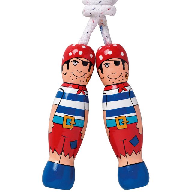 traditional skipping rope with red, blue and white pirate design on two wooden handles