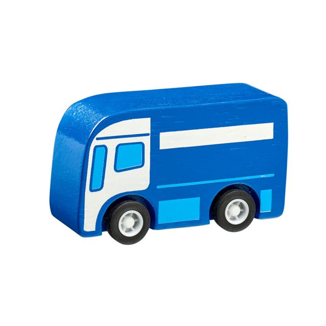 Blue wooden mini lorry toy car with plastic black wheels